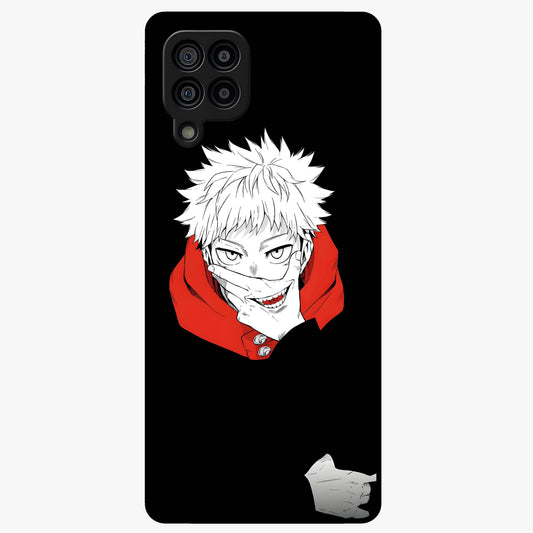Crimson Chaos Smile Glass Case showing flat back view with bold chaotic smile artwork and glossy glass finish.