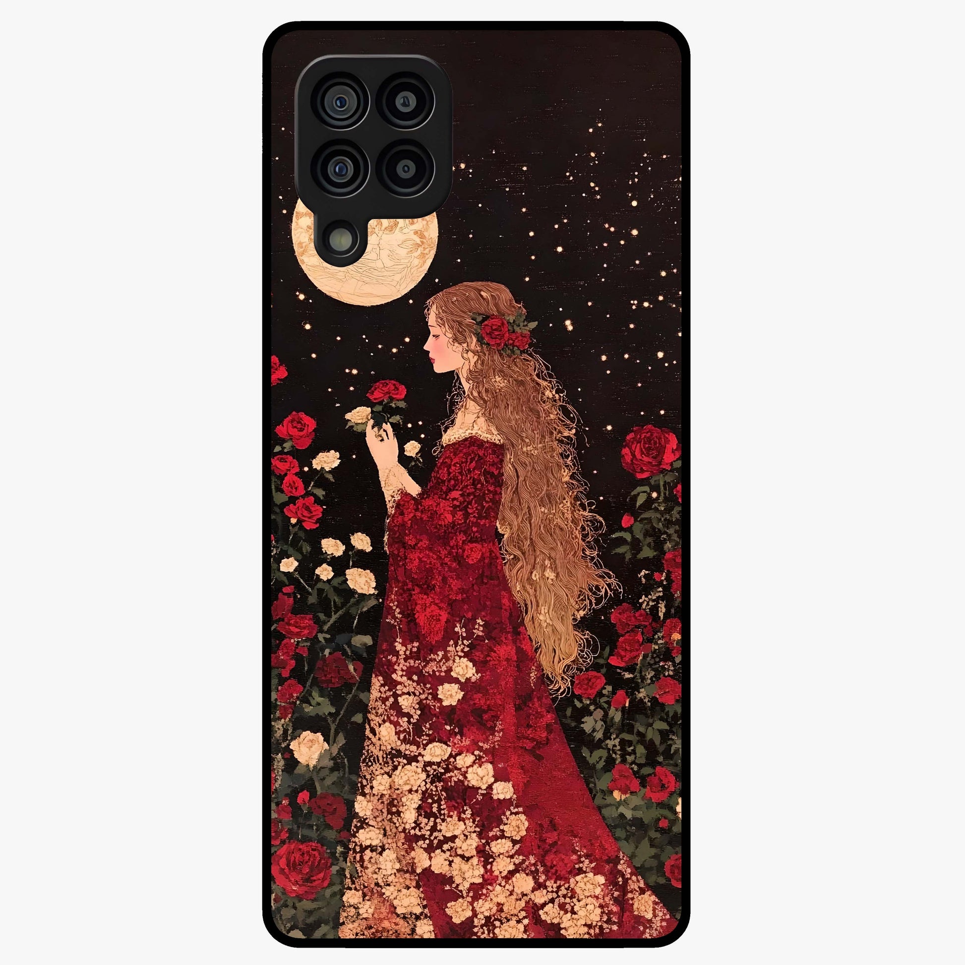 Crimson Dreams Glass Case showing flat back view with dreamy crimson artwork and glossy glass finish.