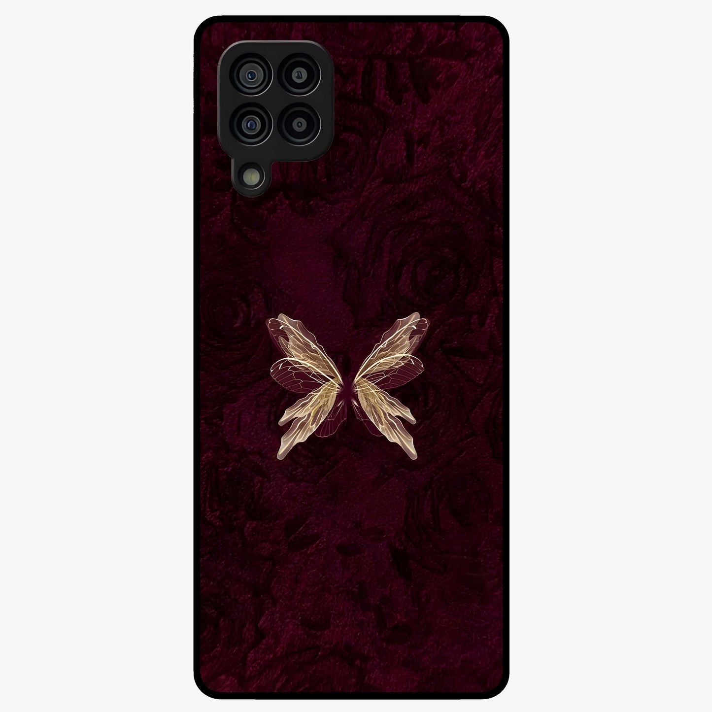 Crimson Fade Butterfly Glass Case showing flat back view with fading butterfly artwork and glossy glass finish.