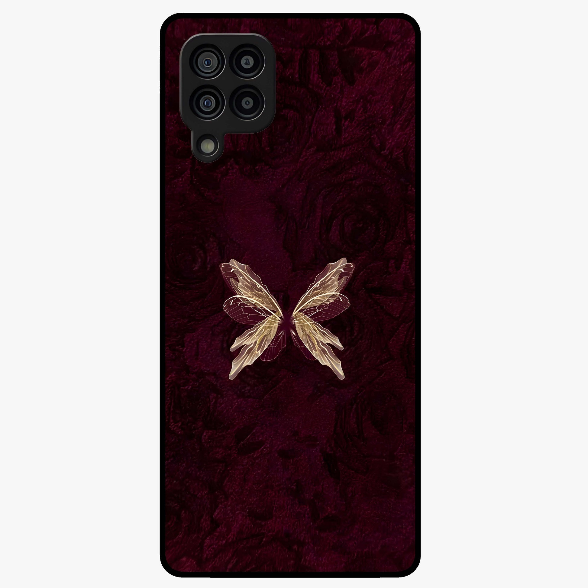 Crimson Fade Butterfly Glass Case showing flat back view with fading butterfly artwork and glossy glass finish.