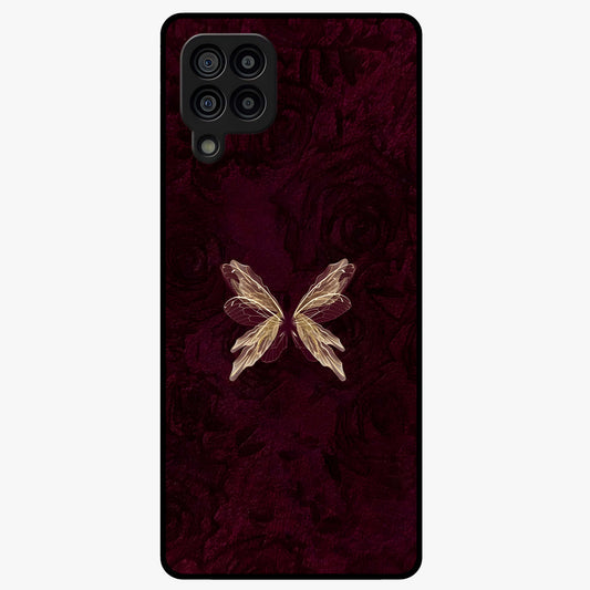 Crimson Fade Butterfly Glass Case showing flat back view with fading butterfly artwork and glossy glass finish.