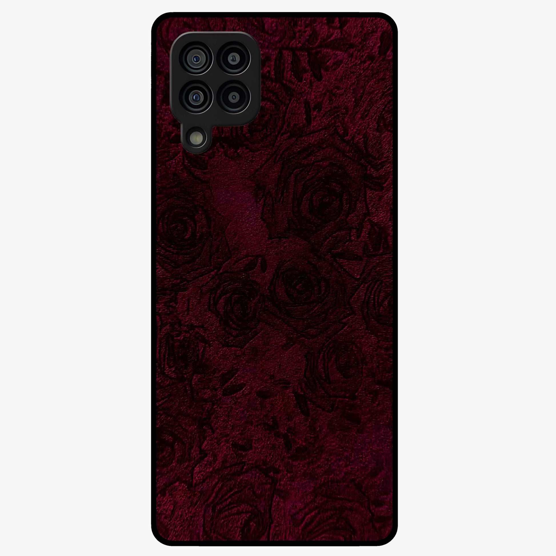 Crimson Fade Flow Glass Case showing flat back view with flowing crimson gradient artwork and glossy glass finish.