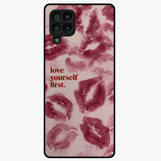 Crimson Kiss Love Glass Case showing flat back view with romantic crimson themed artwork and glossy glass finish.