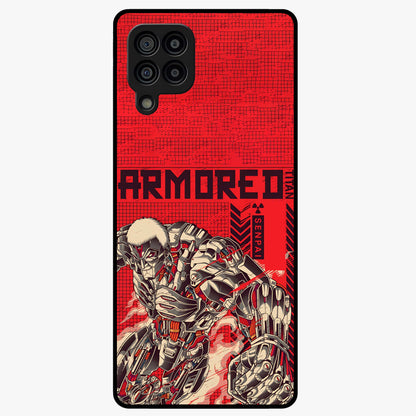 Crimson Mecha Titan Glass Case showing flat back view with powerful mech titan artwork and glossy glass finish.