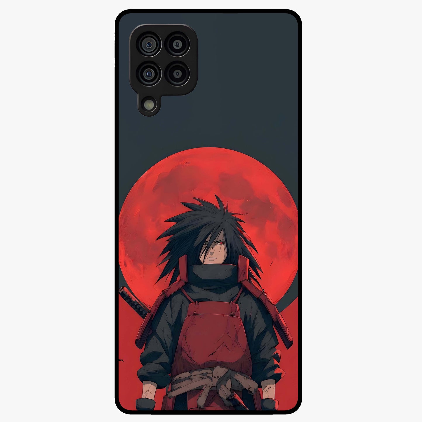 Crimson Moon Warlord Glass Case showing flat back view with mystical moon warrior artwork and glossy glass finish.