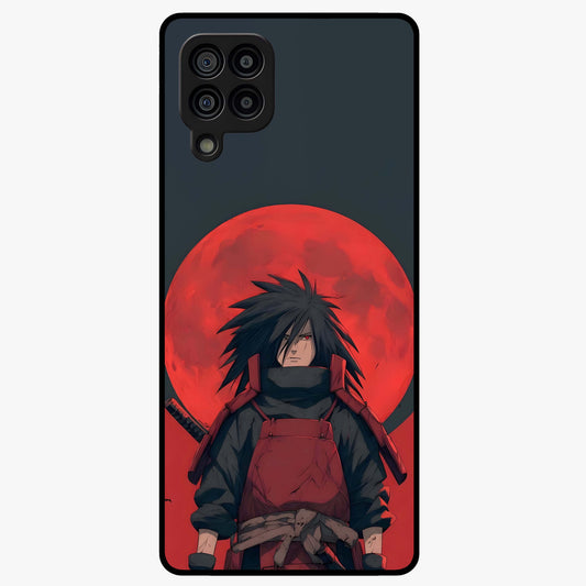 Crimson Moon Warlord Glass Case showing flat back view with mystical moon warrior artwork and glossy glass finish.