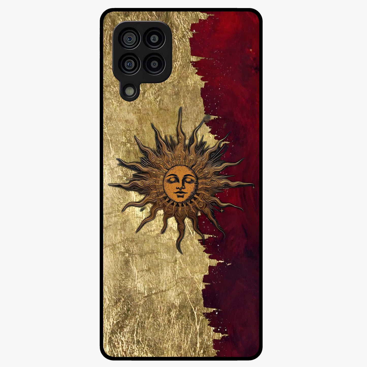 Crimson Sun Majesty Glass Case showing flat back view with radiant sun inspired artwork and glossy glass finish.