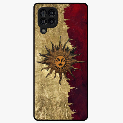 Crimson Sun Majesty Glass Case showing flat back view with radiant sun inspired artwork and glossy glass finish.