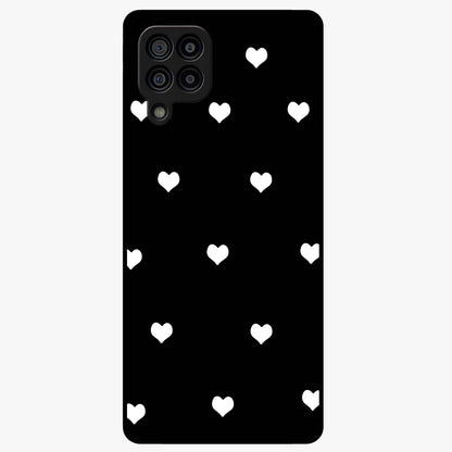 Cute And Simple White Hearts Glass Case showing flat back view with minimal white heart pattern and glossy glass finish.