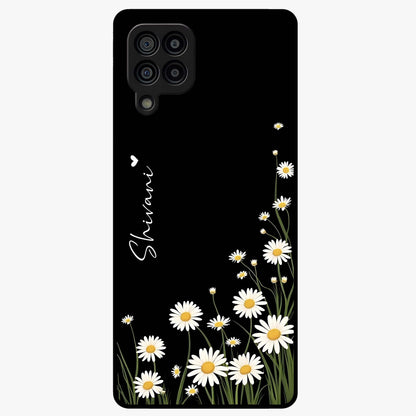 Daisy Cascade Custom Name Glass Case showing flat back view with cascading daisy flowers and personalized name design.