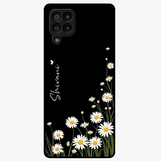 Daisy Cascade Custom Name Glass Case showing flat back view with cascading daisy flowers and personalized name design.
