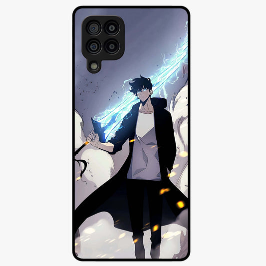 Dark Lightning Anime Warrior Glass Case showing flat back view with intense anime warrior artwork and glossy glass finish.