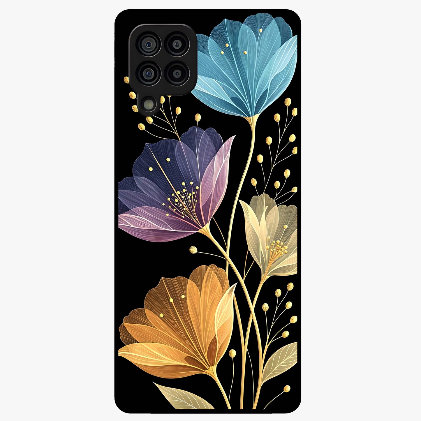 Delicate Multicolor Flowers Glass Case showing flat back view with vibrant floral artwork and glossy glass finish.