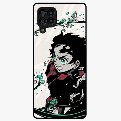 Demon Slayer Glass Case showing flat back view with bold anime inspired artwork and glossy glass finish.