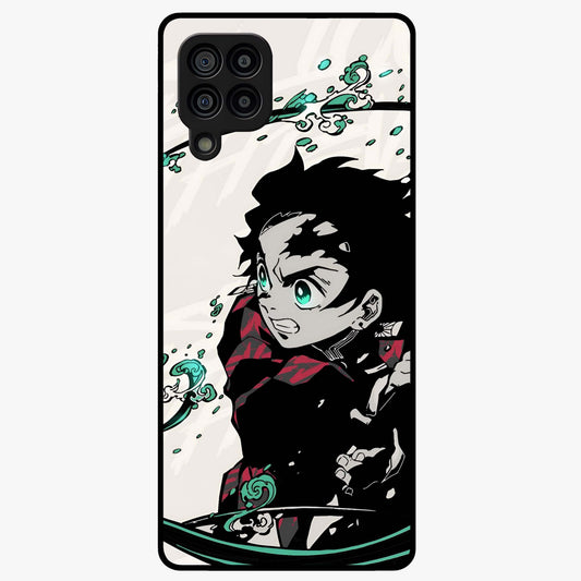 Demon Slayer Glass Case showing flat back view with bold anime inspired artwork and glossy glass finish.