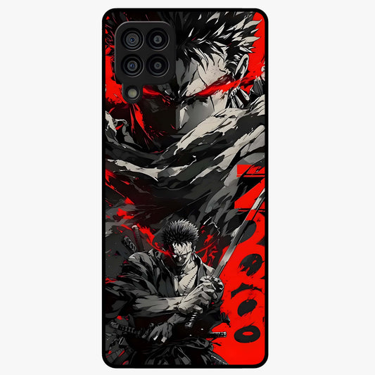 Demon Sword Resolve Glass Case showing flat back view with fierce sword warrior artwork and glossy glass finish.