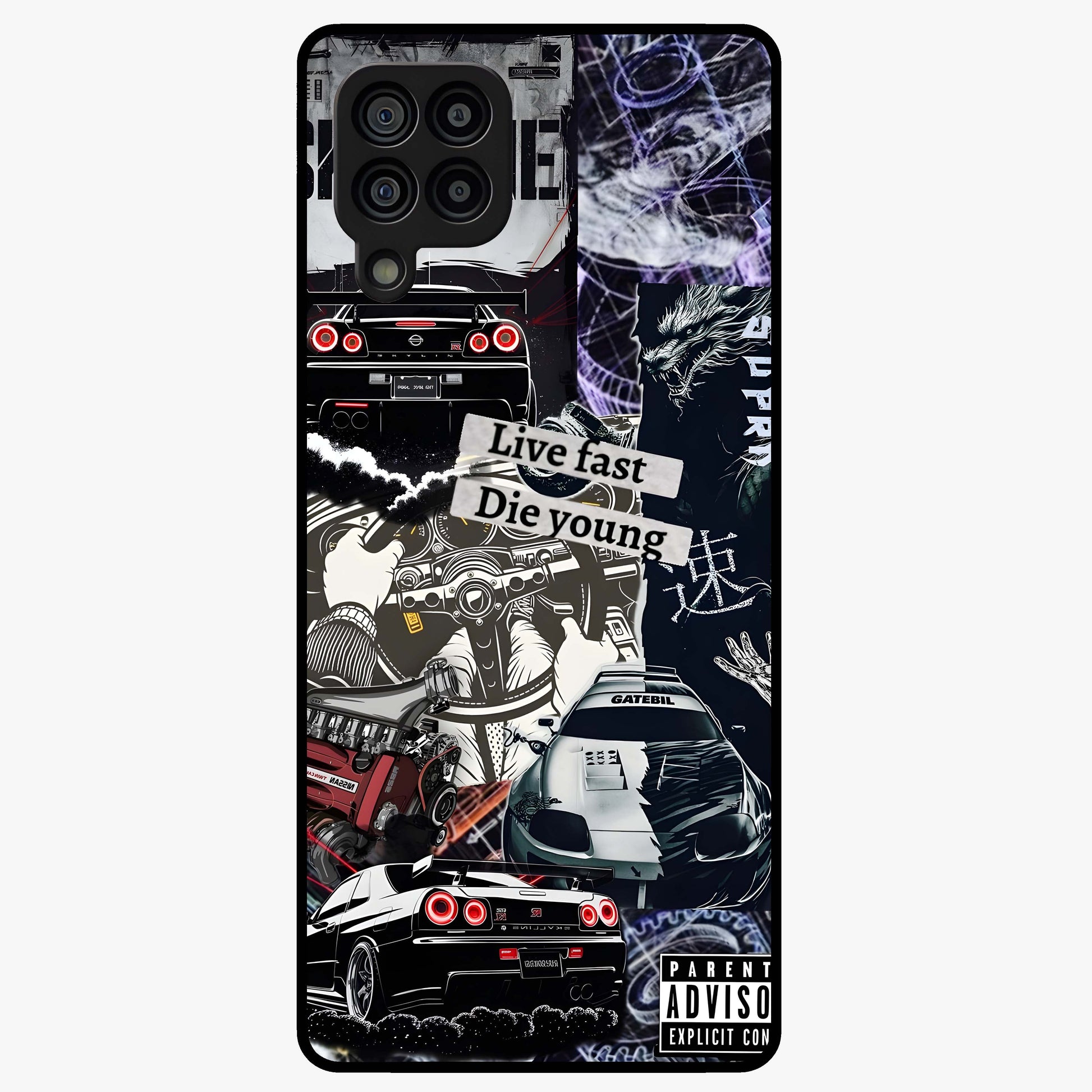 Die Young Glass Case showing flat back view with bold artistic typography design and glossy glass finish.