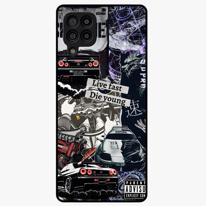 Die Young Glass Case showing flat back view with bold artistic typography design and glossy glass finish.