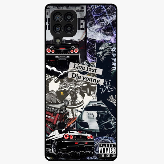 Die Young Glass Case showing flat back view with bold artistic typography design and glossy glass finish.