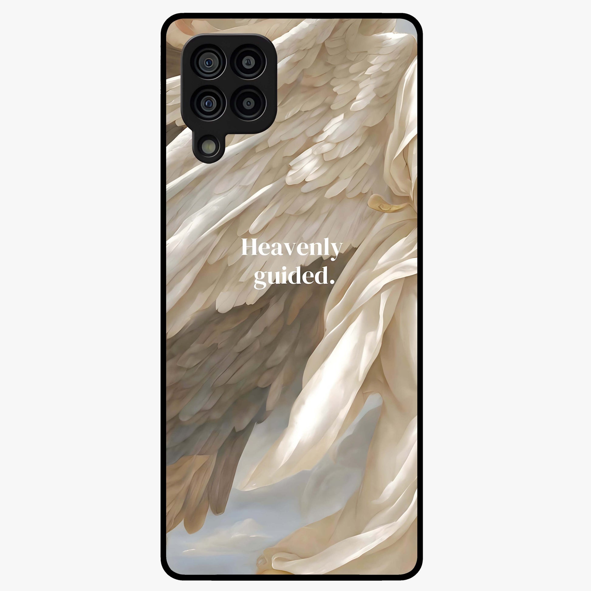 Divine Winged Grace Glass Case showing flat back view with elegant wing inspired artwork and glossy glass finish.