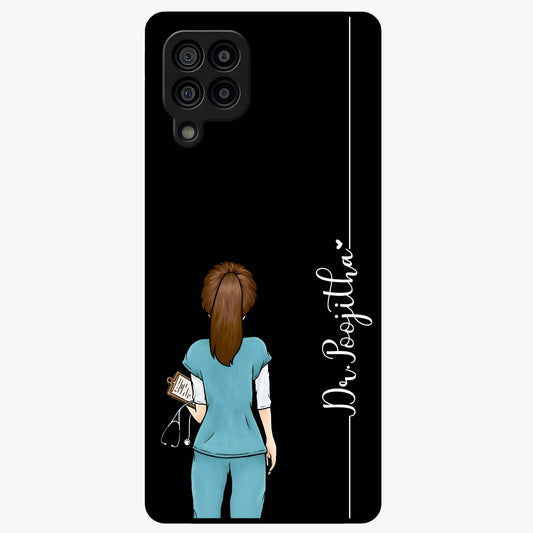 Doctor Pattern Custom Name Glass Case showing flat back view with medical themed pattern and personalized name design.