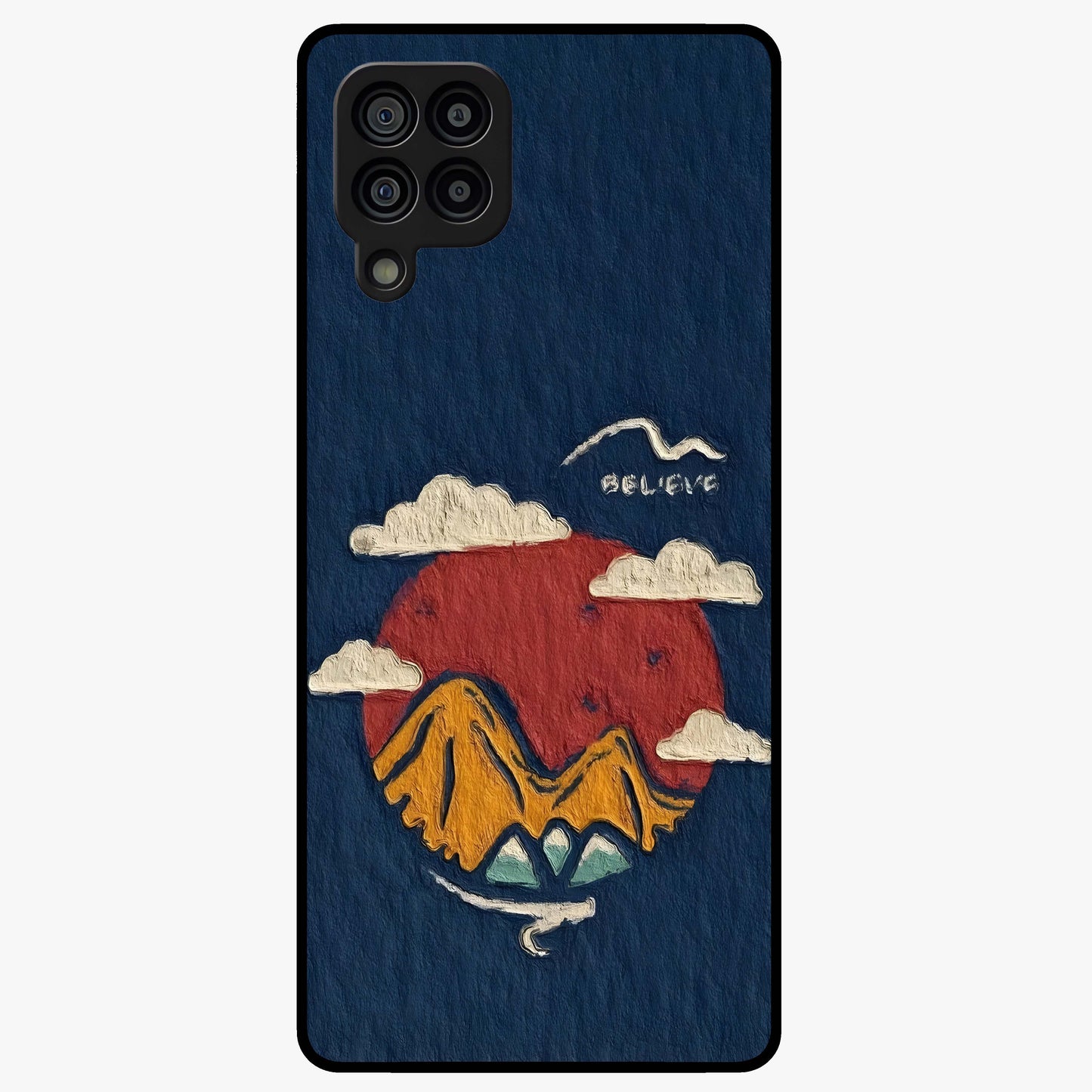 Dream Beyond Mountains Glass Case showing flat back view with scenic mountain landscape artwork and glossy glass finish.