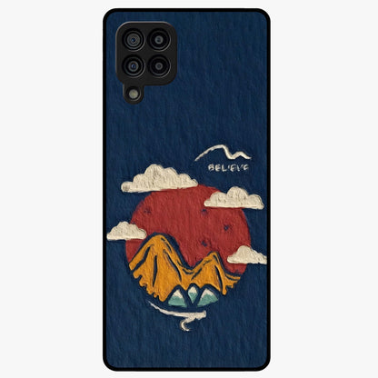 Dream Beyond Mountains Glass Case showing flat back view with scenic mountain landscape artwork and glossy glass finish.