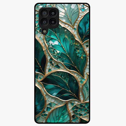 Emerald Leaf Glass Glass Case showing flat back view with emerald green leaf artwork and glossy glass finish.