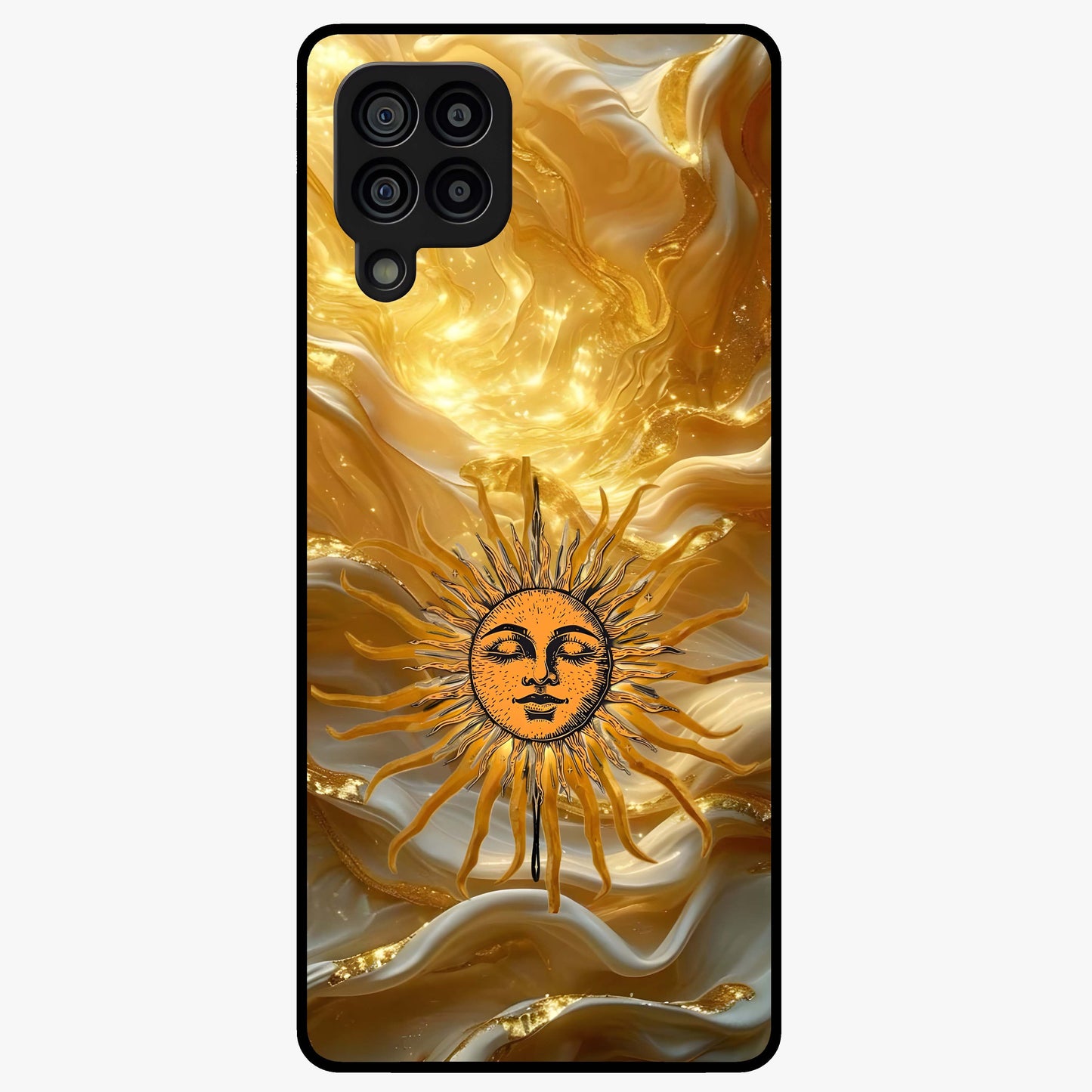 Eternal Golden Glow Glass Case showing flat back view with radiant golden themed artwork and glossy glass finish.