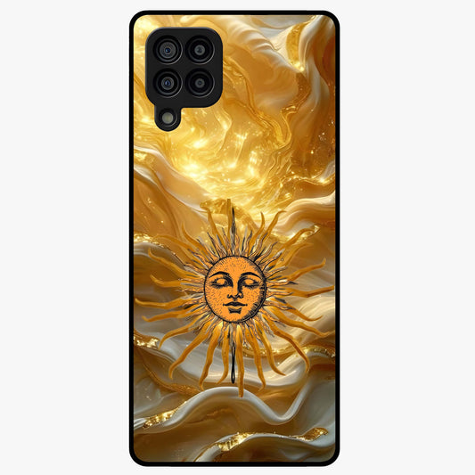 Eternal Golden Glow Glass Case showing flat back view with radiant golden themed artwork and glossy glass finish.