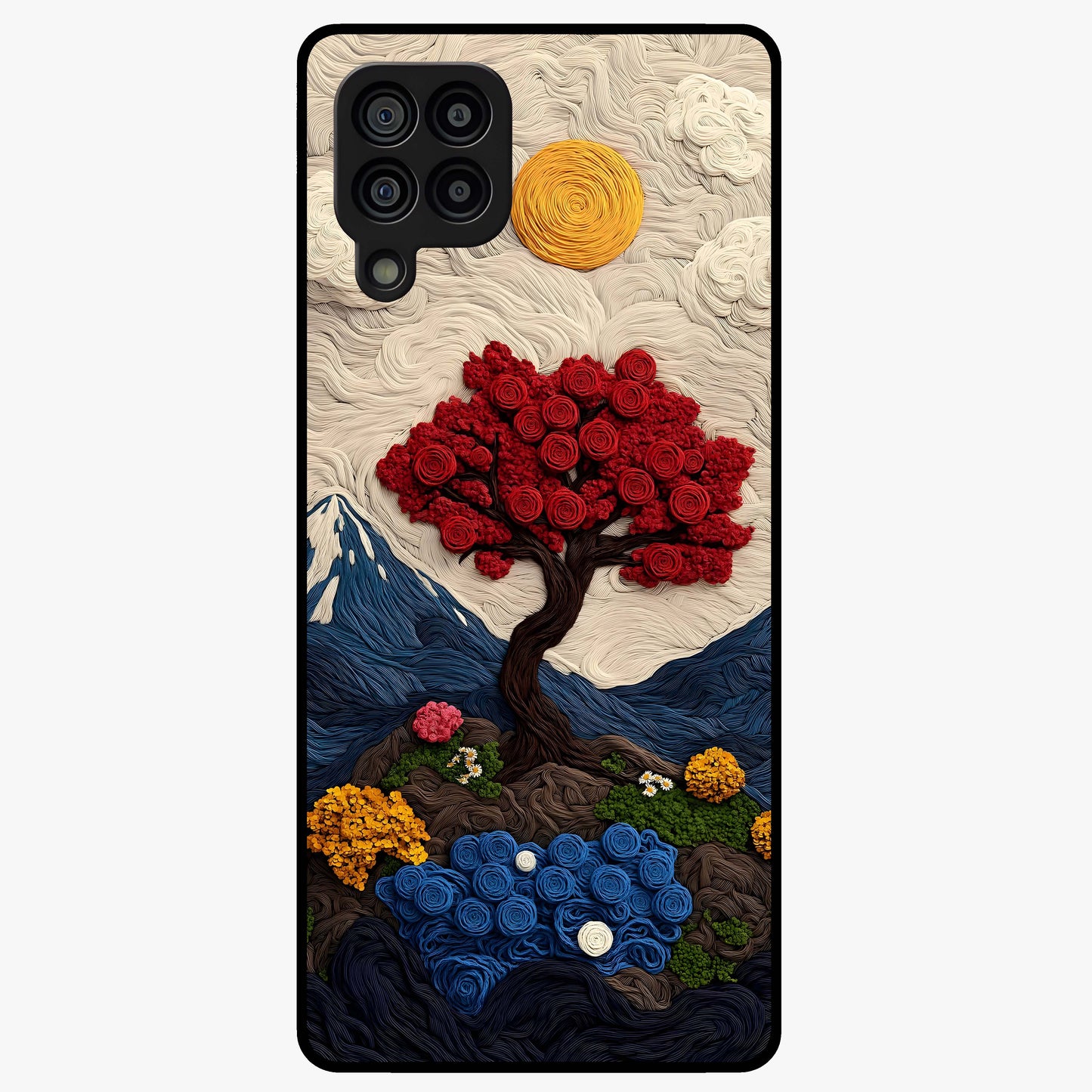 Eternal Nature Tapestry Glass Case showing flat back view with intricate nature tapestry artwork and glossy glass finish.