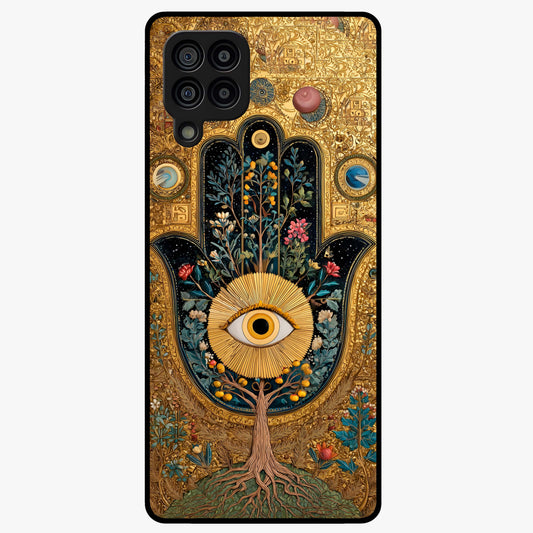 Ethereal Evil Eye Glass Case showing flat back view with mystical evil eye artwork and glossy glass finish.