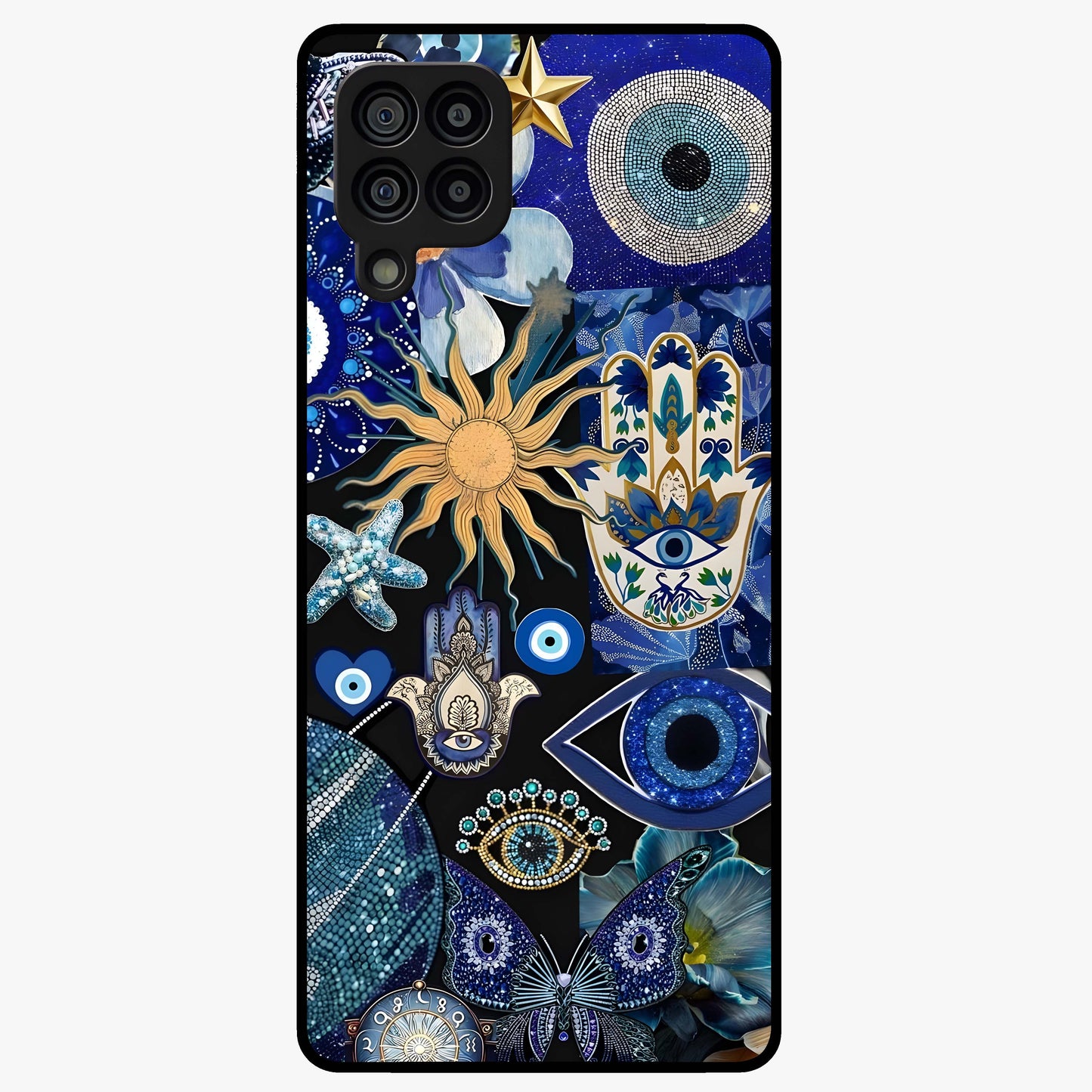 Evil Eye Charm Mix Glass Case showing flat back view with multiple evil eye charms artwork and glossy glass finish.