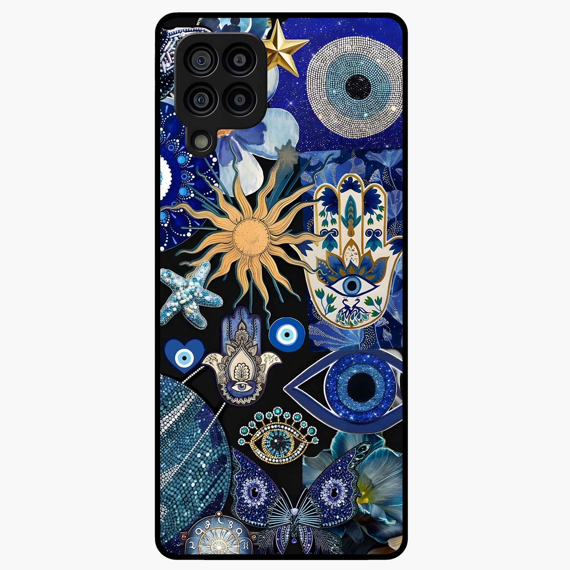 Evil Eye Charm Mix Glass Case showing flat back view with multiple evil eye charms artwork and glossy glass finish.