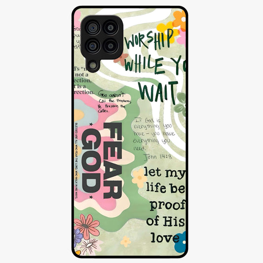 Faith Over Fear Glass Case showing flat back view with motivational typography artwork and glossy glass finish.