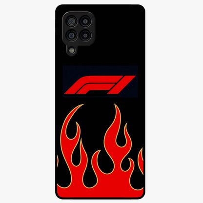 Fire F11 Glass Case showing flat back view with fiery themed artwork and glossy glass finish.