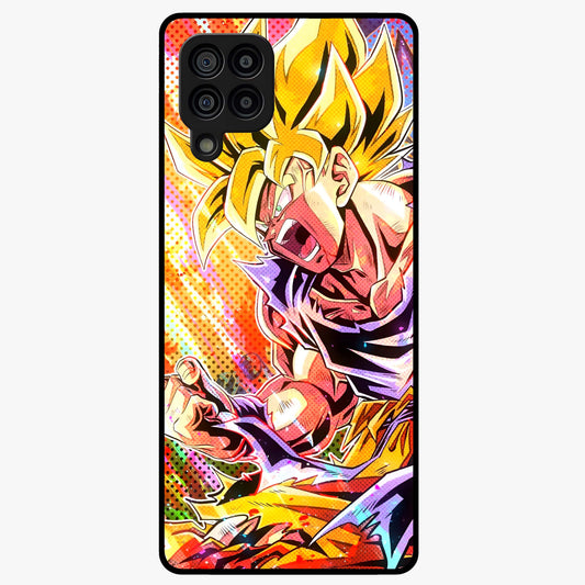 Firing Goku Glass Case showing flat back view with powerful anime inspired artwork and glossy glass finish.