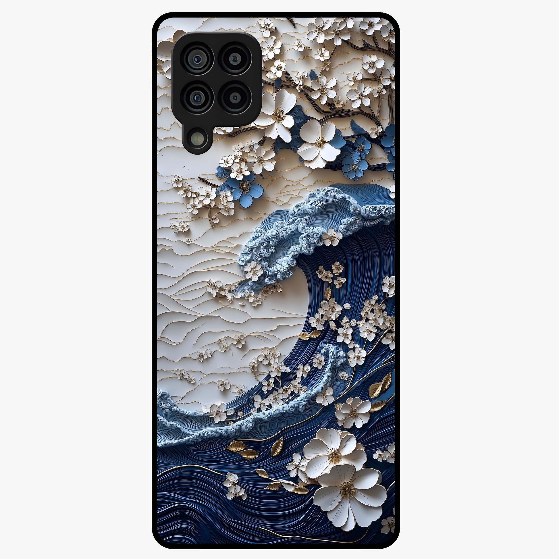 Floral Wave Origami Glass Case showing flat back view with origami inspired floral wave artwork and glossy glass finish.