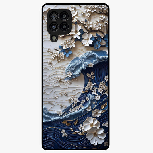 Floral Wave Origami Glass Case showing flat back view with origami inspired floral wave artwork and glossy glass finish.