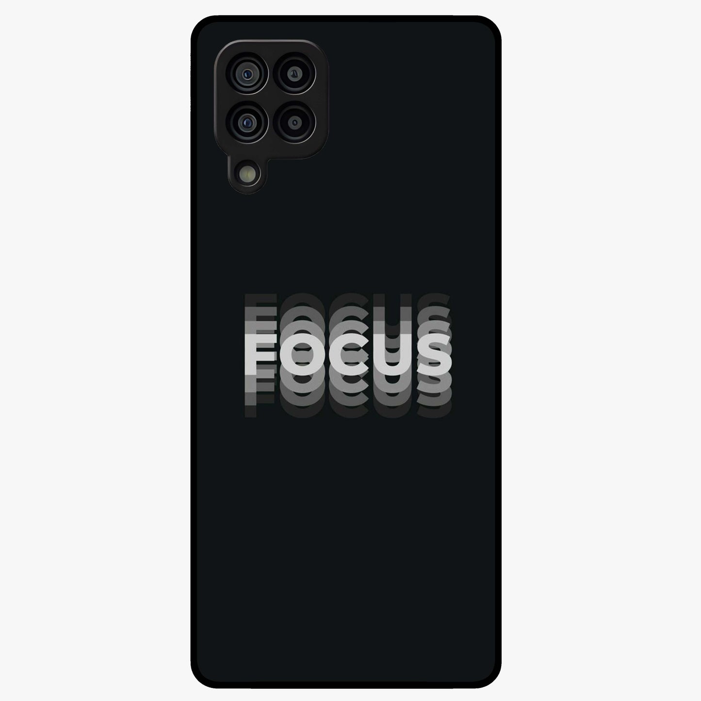 Focus Mode On Glass Case showing flat back view with bold motivational typography design and glossy glass finish.