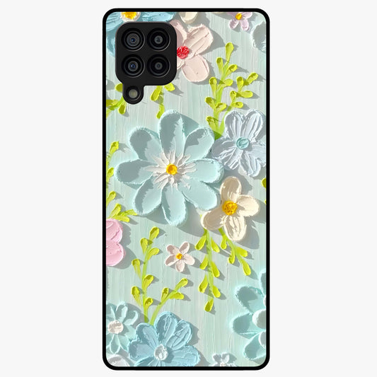 Frosted Petal Garden Glass Case showing flat back view with soft frosted floral artwork and glossy glass finish.
