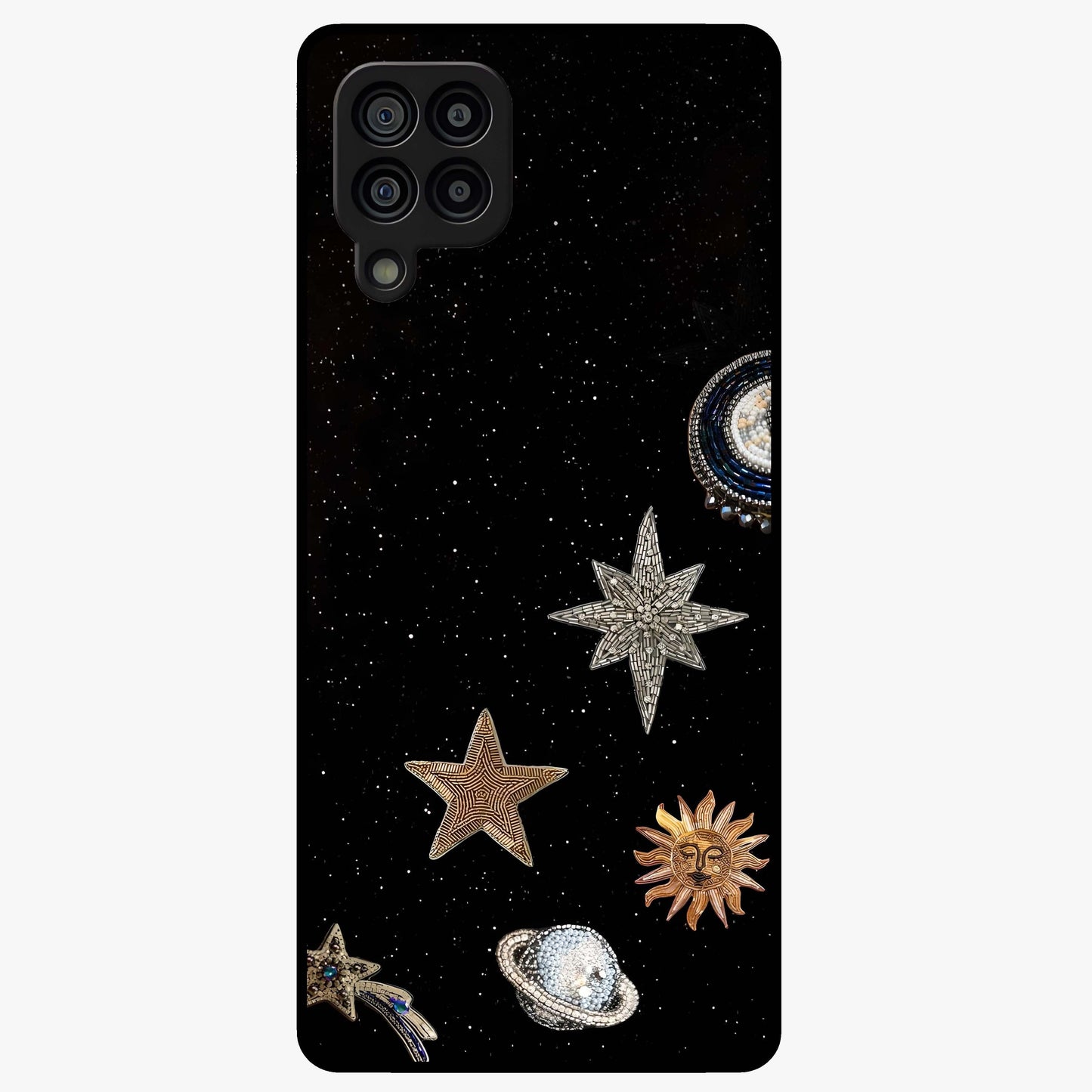 Galactic Charm Glow Glass Case showing flat back view with glowing celestial charm artwork and glossy glass finish.