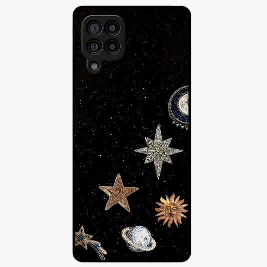 Galactic Charm Glow Glass Case showing flat back view with glowing celestial charm artwork and glossy glass finish.