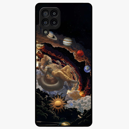 Galactic Divine God Glass Case showing flat back view with divine cosmic themed artwork and glossy glass finish.