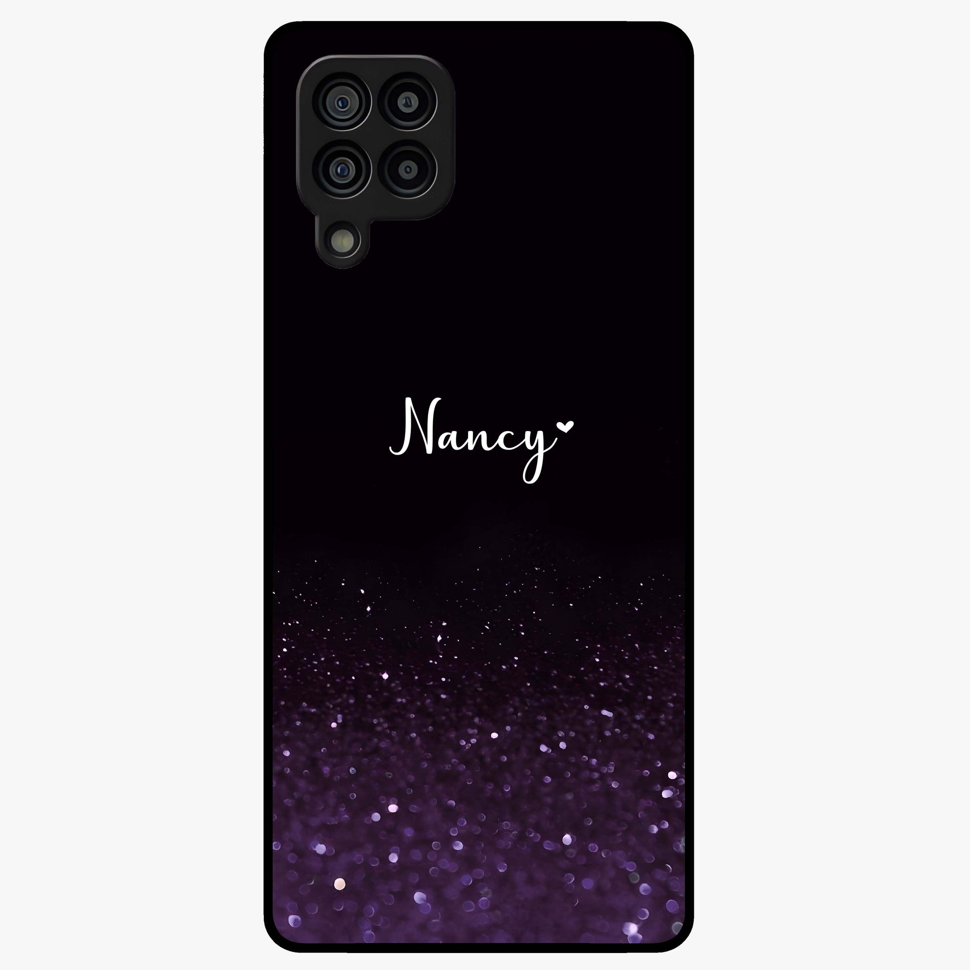 Glittery Purple Bokeh Custom Name Glass Case showing flat back view with purple bokeh sparkle artwork and personalized name design.