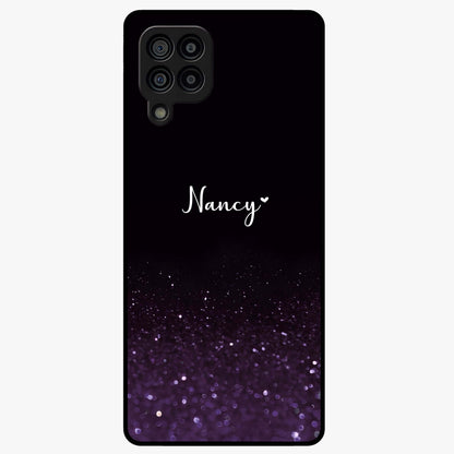 Glittery Purple Bokeh Custom Name Glass Case showing flat back view with purple bokeh sparkle artwork and personalized name design.