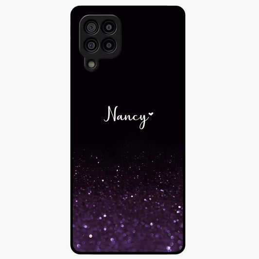 Glittery Purple Bokeh Custom Name Glass Case showing flat back view with purple bokeh sparkle artwork and personalized name design.