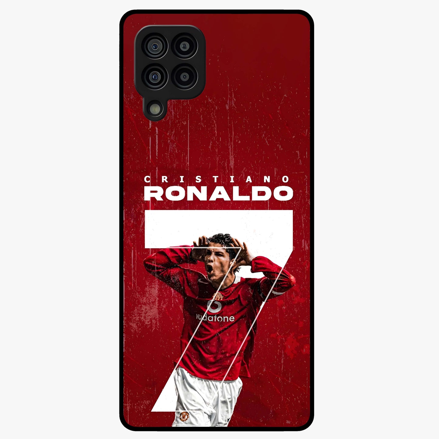 Goal Celebration Legacy Glass Case showing flat back view with football celebration inspired artwork and glossy glass finish.