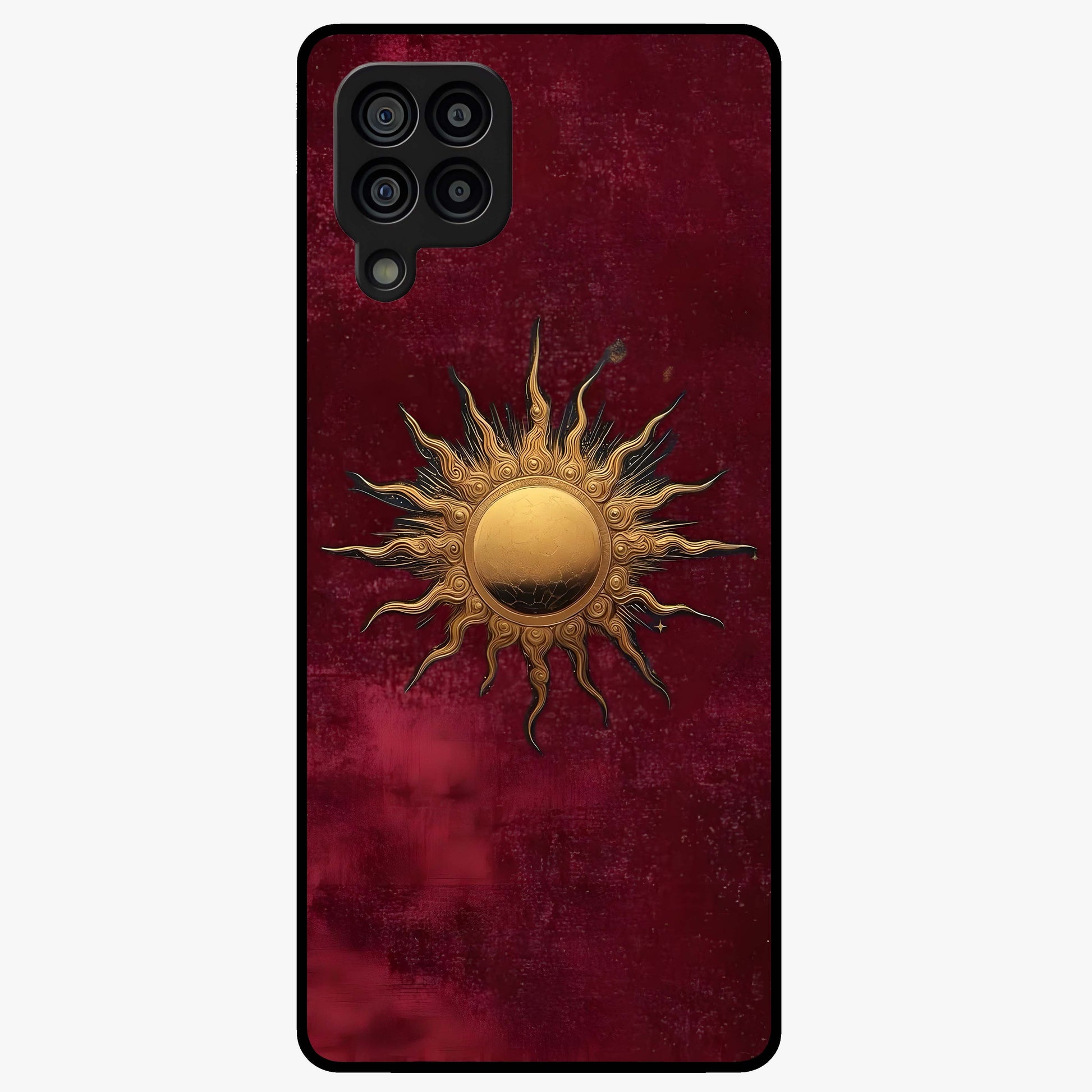 Gold Sun Blush Glass Case showing flat back view with golden sun inspired artwork and glossy glass finish.