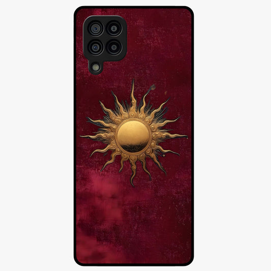 Gold Sun Blush Glass Case showing flat back view with golden sun inspired artwork and glossy glass finish.